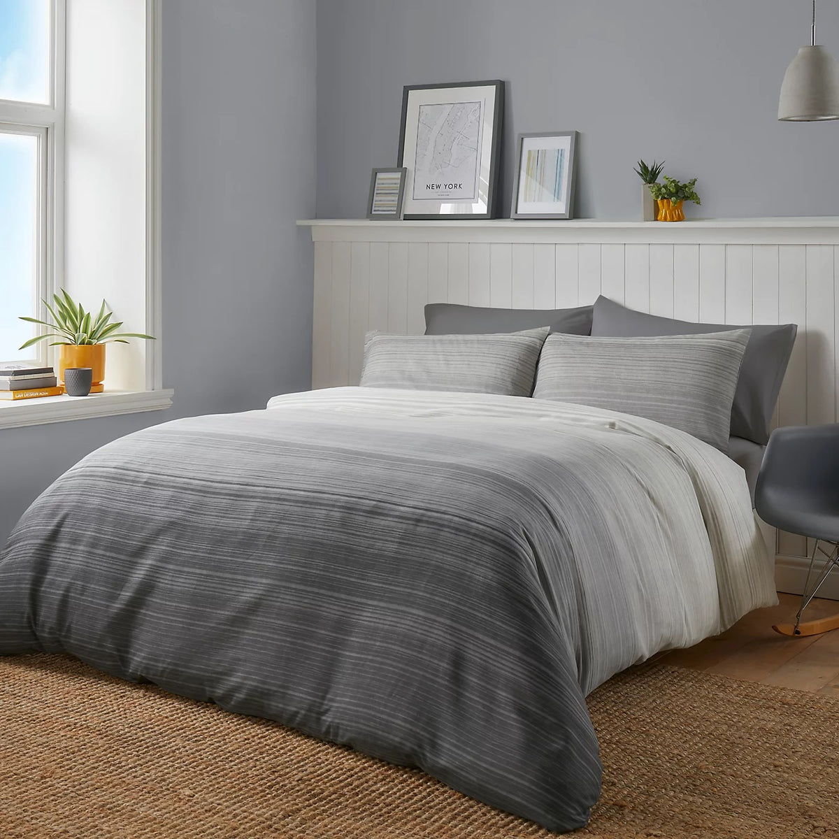 Multi Stripe Duvet Cover Set, Double, Charcoal Grey