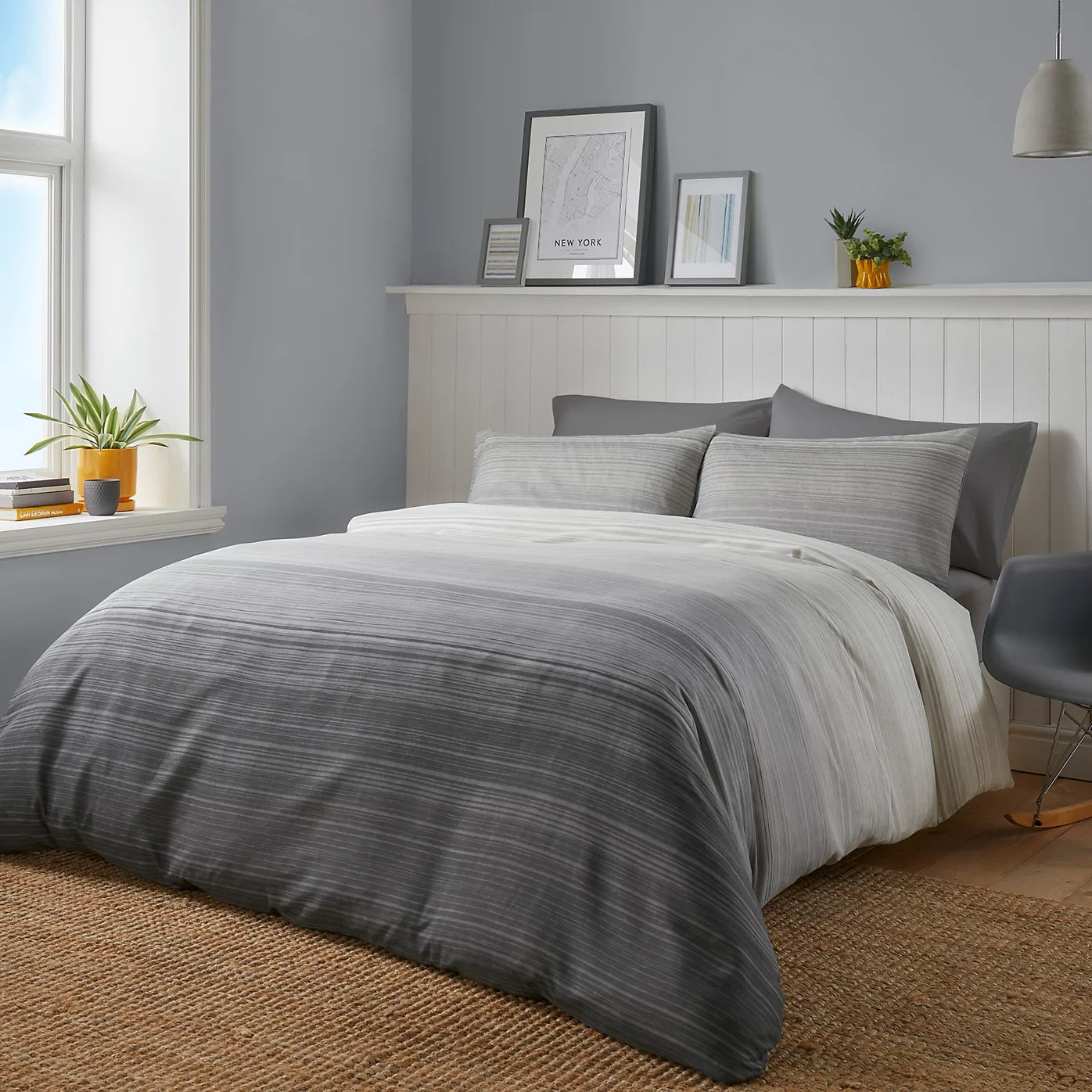 Multi Stripe Duvet Cover Set, Double, Charcoal Grey