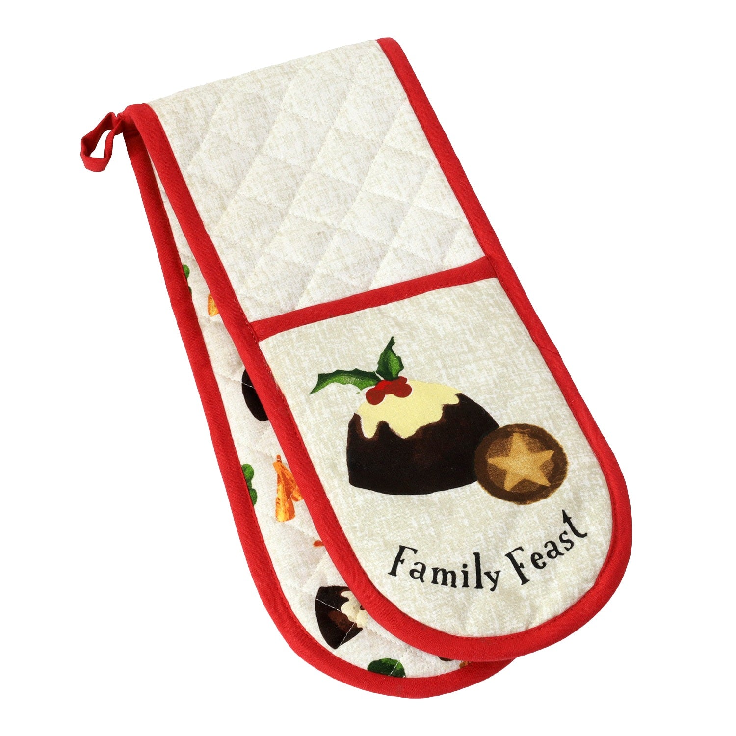 Family Feast Double Oven Gloves 100% Cotton, Cream & Red