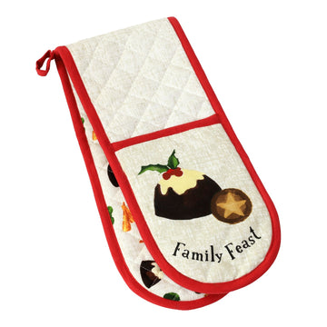 Family Feast Double Oven Gloves 100% Cotton, Cream & Red