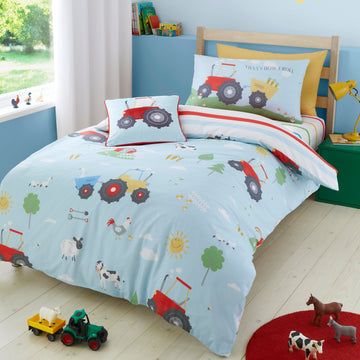 Farmyard Tractor Sheep Cow Cockerell Duvet Cover Set, Single, Blue
