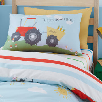 Farmyard Tractor Sheep Cow Cockerell Duvet Cover Set, Single, Blue