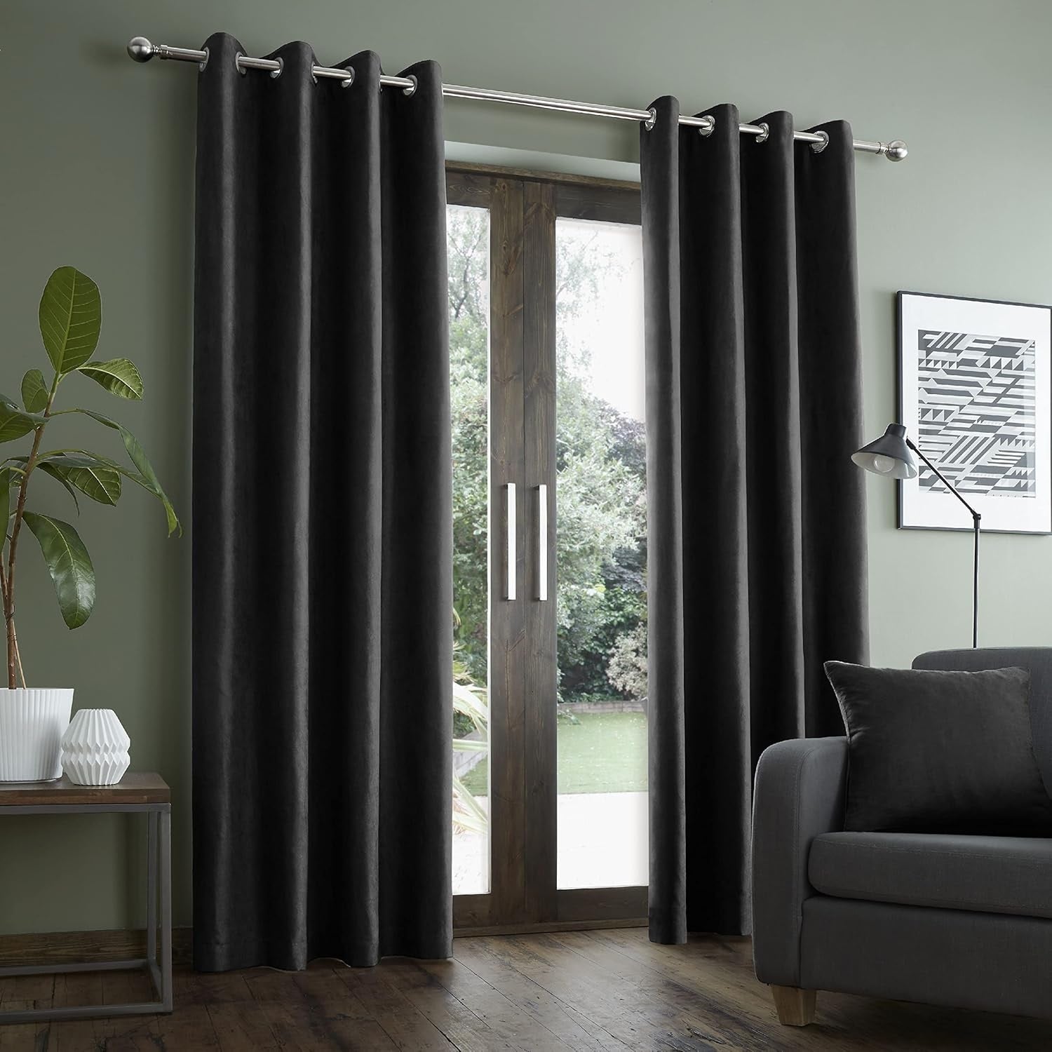 Catherine Lansfield Faux Suede Curtains Eyelet Top, 46x54", Black