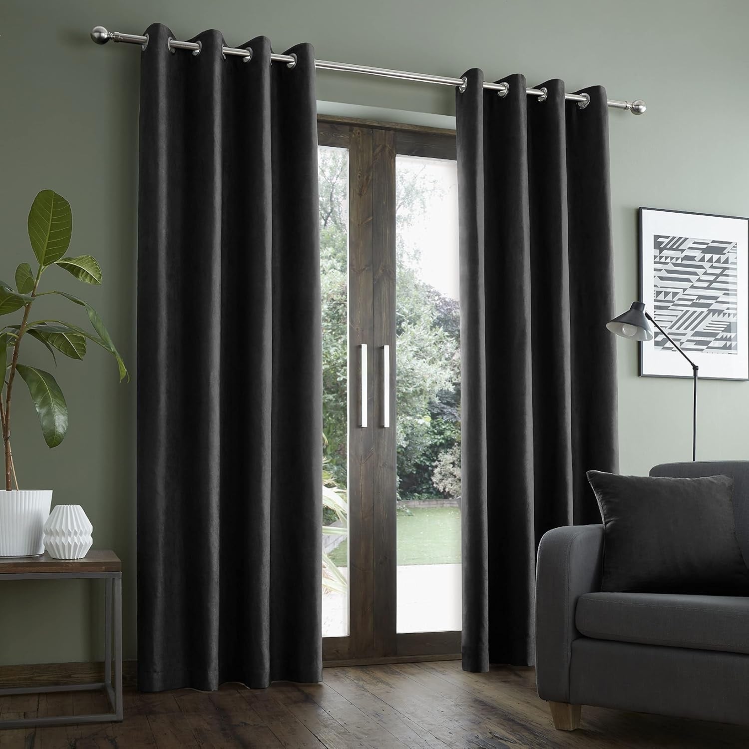 Catherine Lansfield Faux Suede Curtains Eyelet Top, 66x90", Black