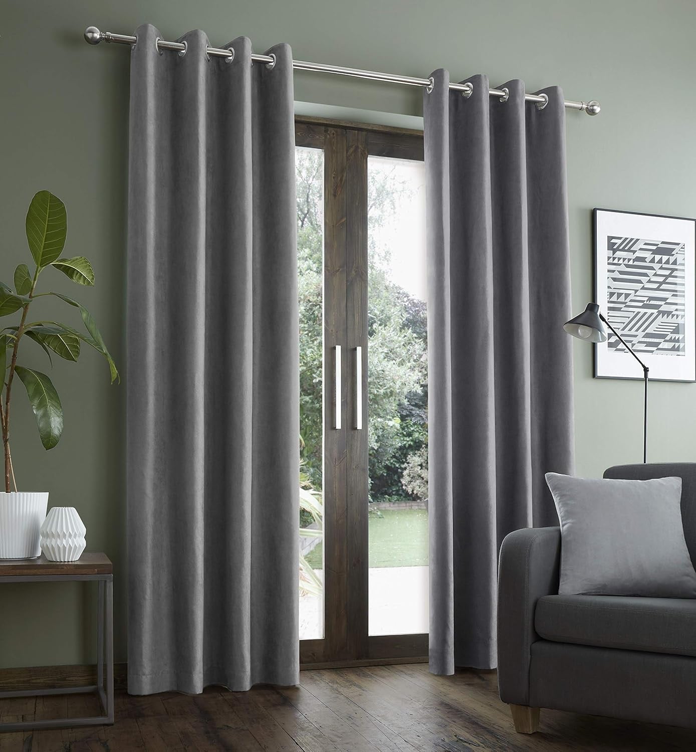 Catherine Lansfield Faux Suede Curtains Eyelet Top, 46x54", Silver Grey