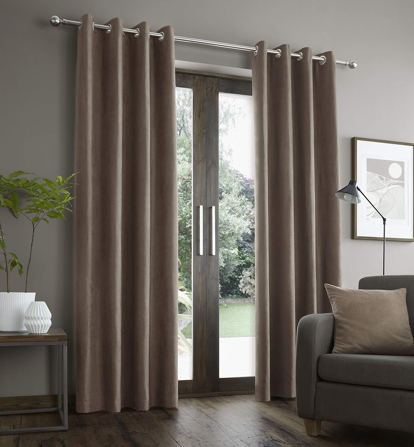 Catherine Lansfield Faux Suede Curtains Eyelet Top, 46x54", Mink Natural