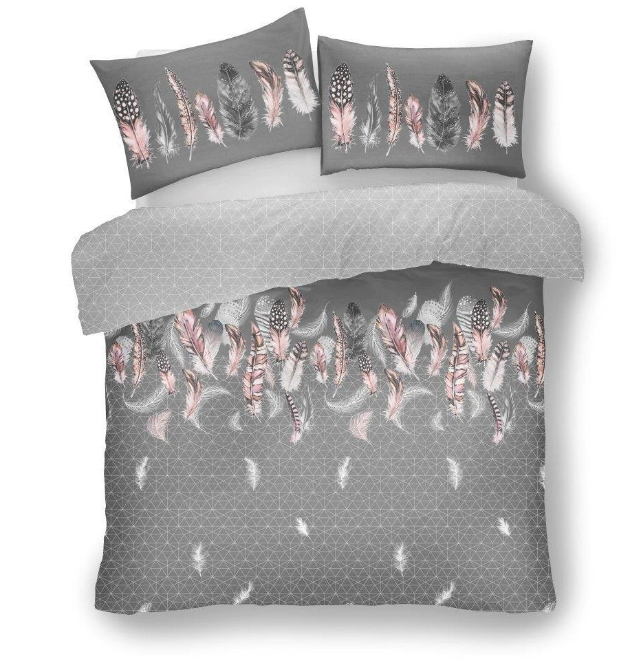Geometric Feathers Grey Double Duvet Cover Set