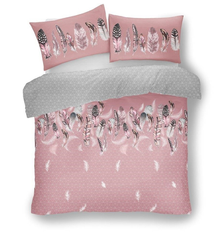 Geometric Feathers Blush Pink Grey King Size Duvet Bedding Set