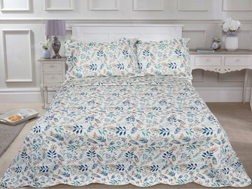 Meadow Leaf Quilted Bedspread + Pillowshams Set, Double, Blue & Green