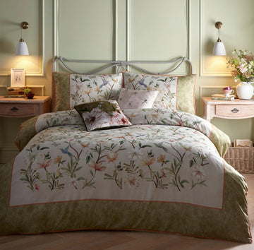 Floral Watercolour Paintings Duvet Cover Set, King, Natural & Olive Green