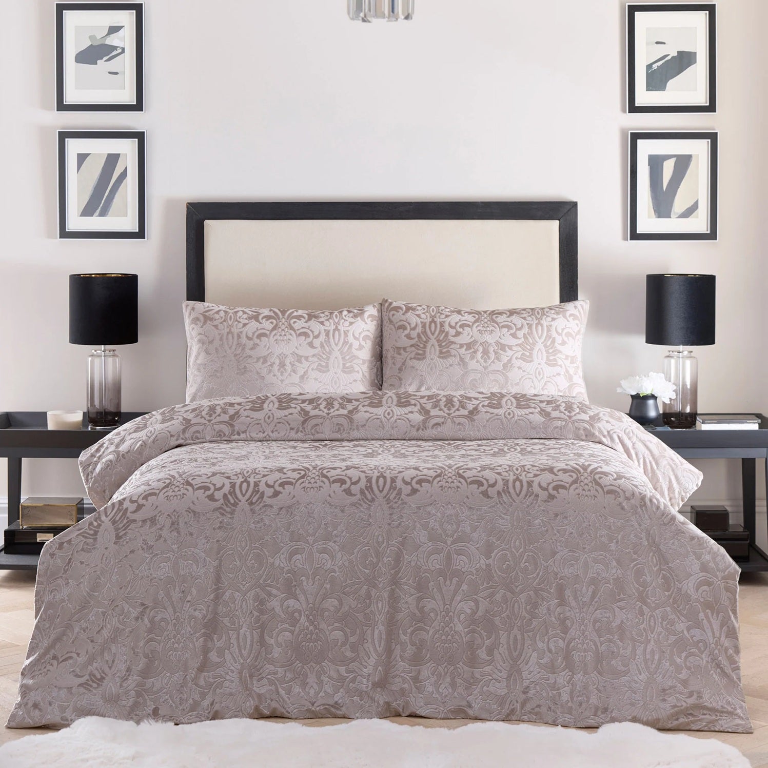 Laurence Llewelyn Bowen LLB Damask Velvet Duvet Cover Set, Double, Linen