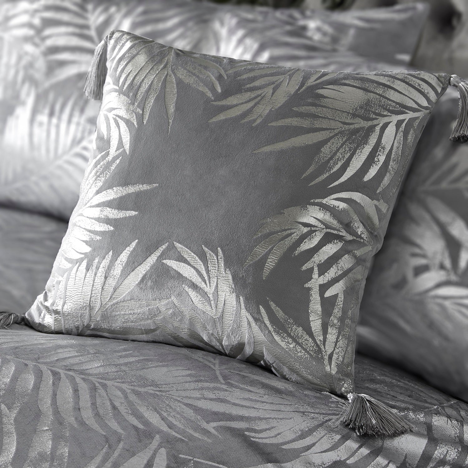 Laurence Llewelyn Bowen Velvet Tropical Leaf Filled Cushion 43x43 First Dates Silver Grey
