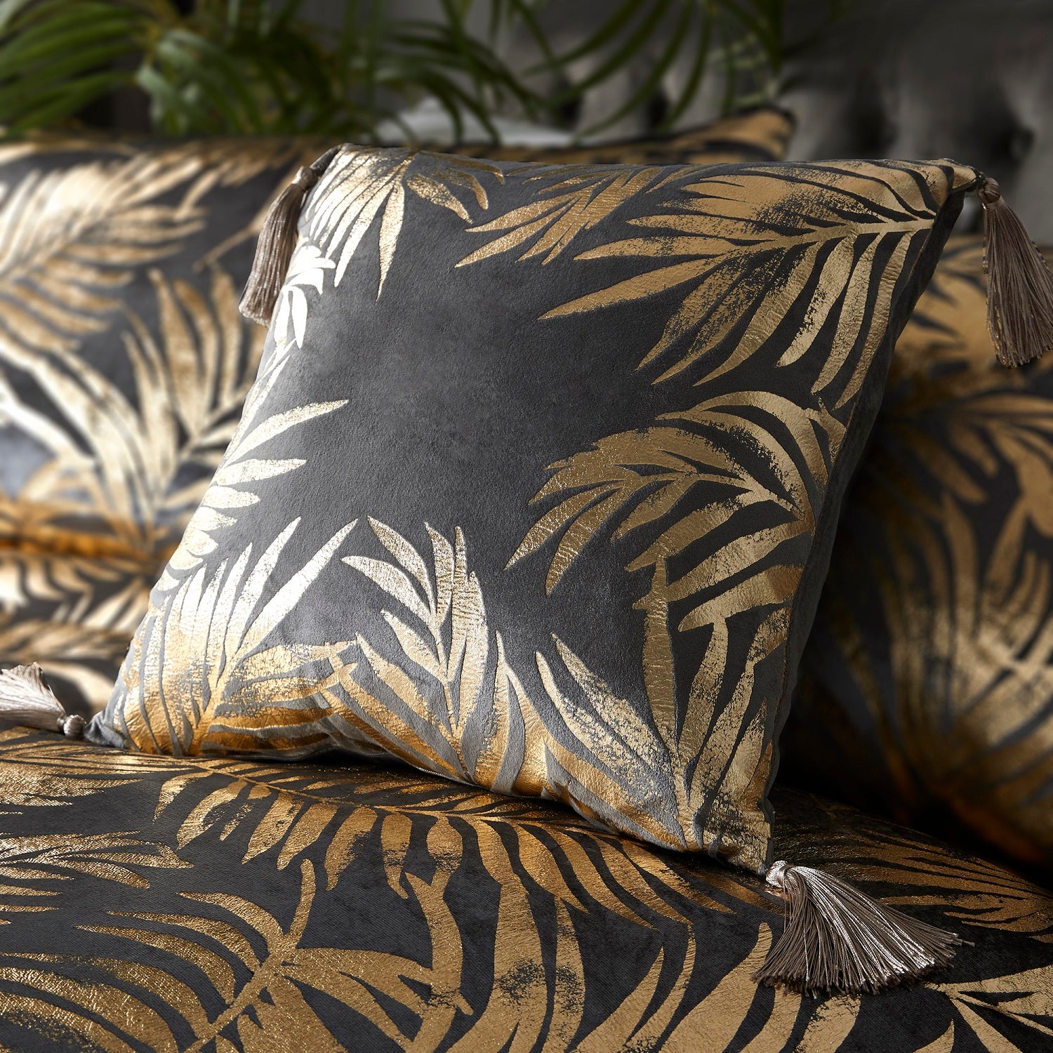 Velvet Tropical Leaf Filled Cushion Chair Slate Grey 17x17"