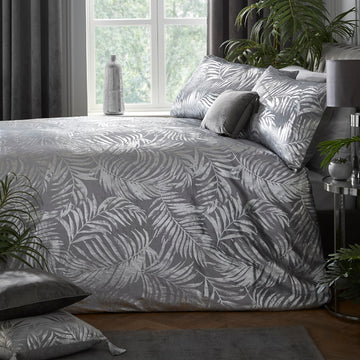 Laurence Llewelyn Bowen Velvet Tropical Leaf King Duvet Cover Set First Dates Silver Grey