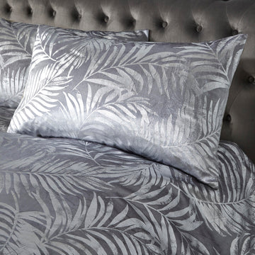 Velvet Tropical Leaf Duvet Cover Designer Silver Super King