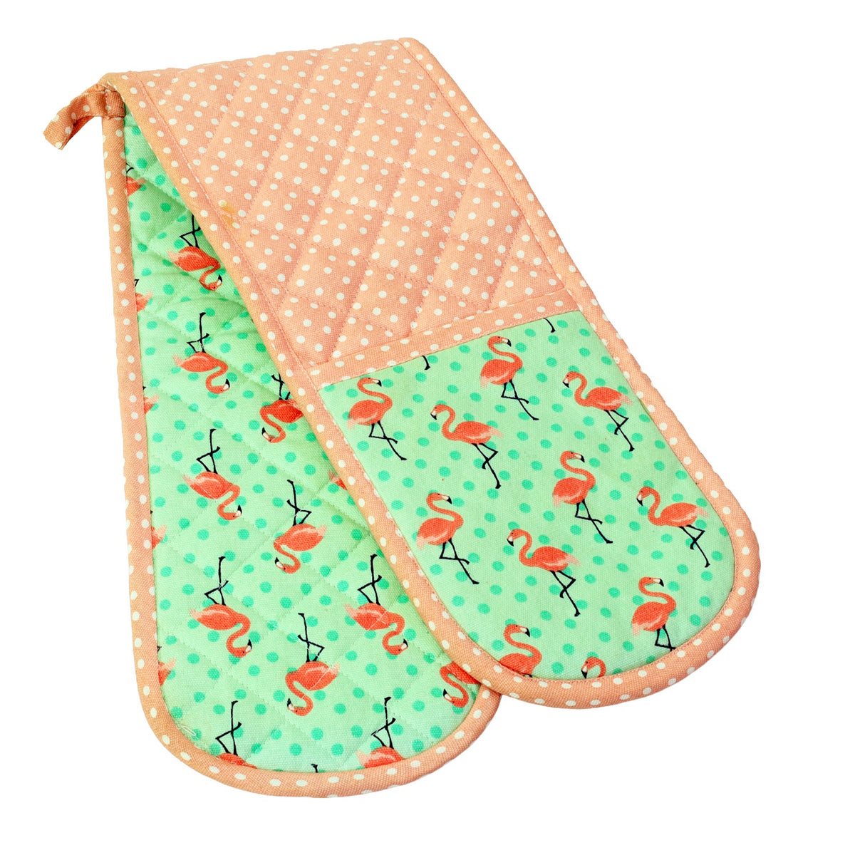 Flamingo Double Oven Gloves 100% Cotton, Green & Pink