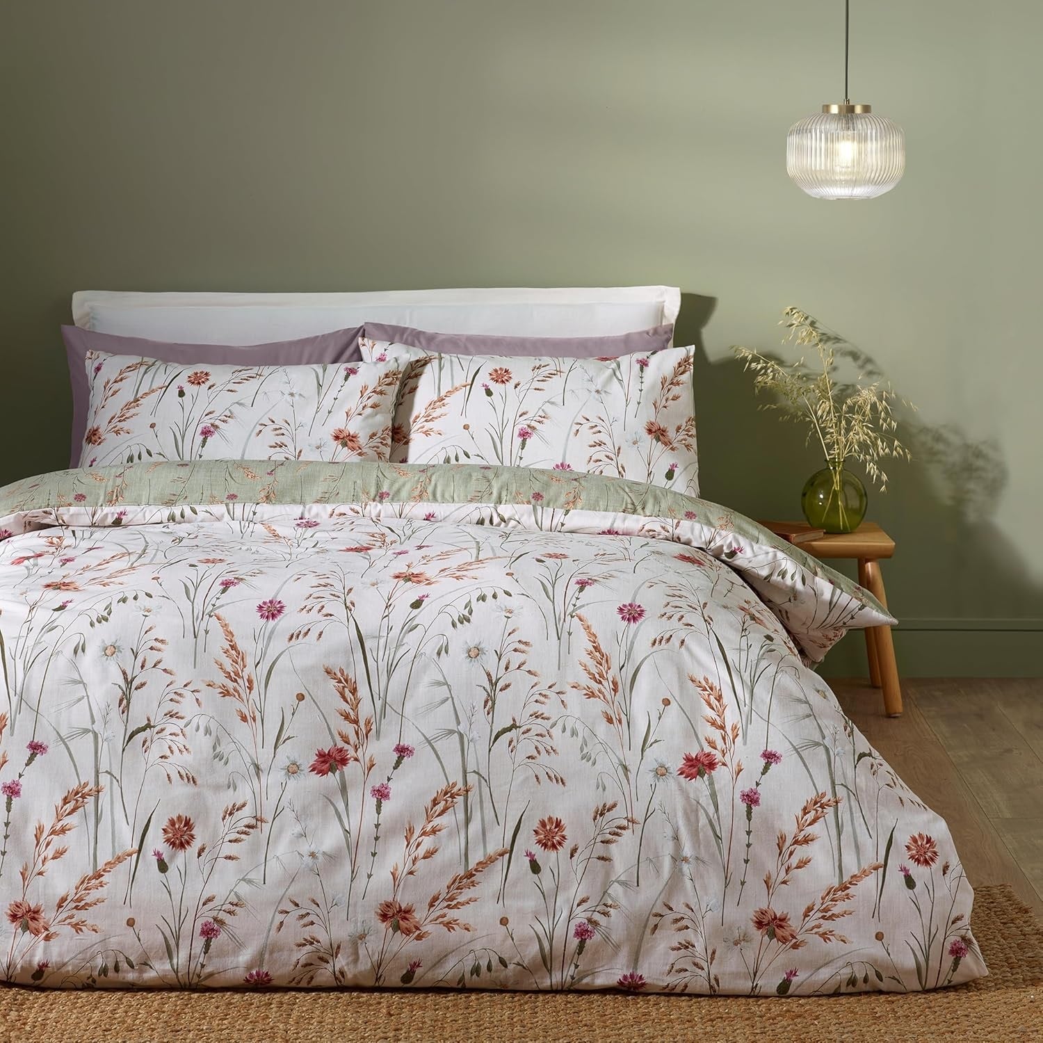Catherine Lansfield Grasmere Floral Duvet Cover Set Brushed Cotton, King, Green