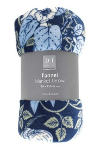 Flora & Fauna Flannel Blanket Throw, 120x150cm, Navy Blue