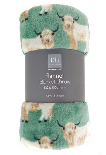 Highland Cow Flannel Blanket Throw, 120x150cm, Green