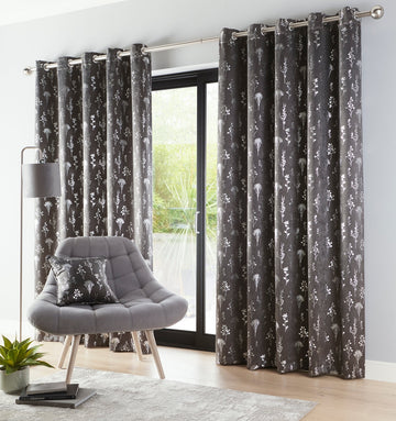 Fleur Blackout Line Curtains Floral 90x90 Charcoal Grey