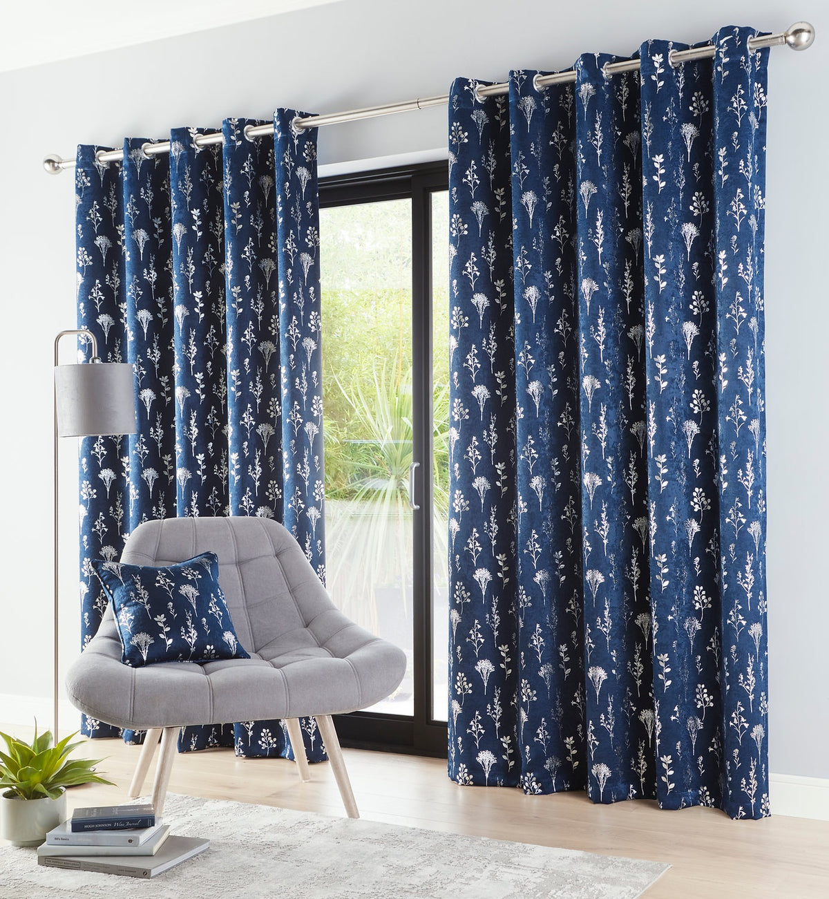 Fleur Blackout Line Curtains Floral Metallic Top 90x90 Navy