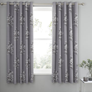 Floral Bouquet Lined Curtains Eyelet Ring Top 66x72" Grey