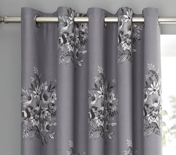 Floral Bouquet Lined Curtains Eyelet Ring Top 66x72" Grey