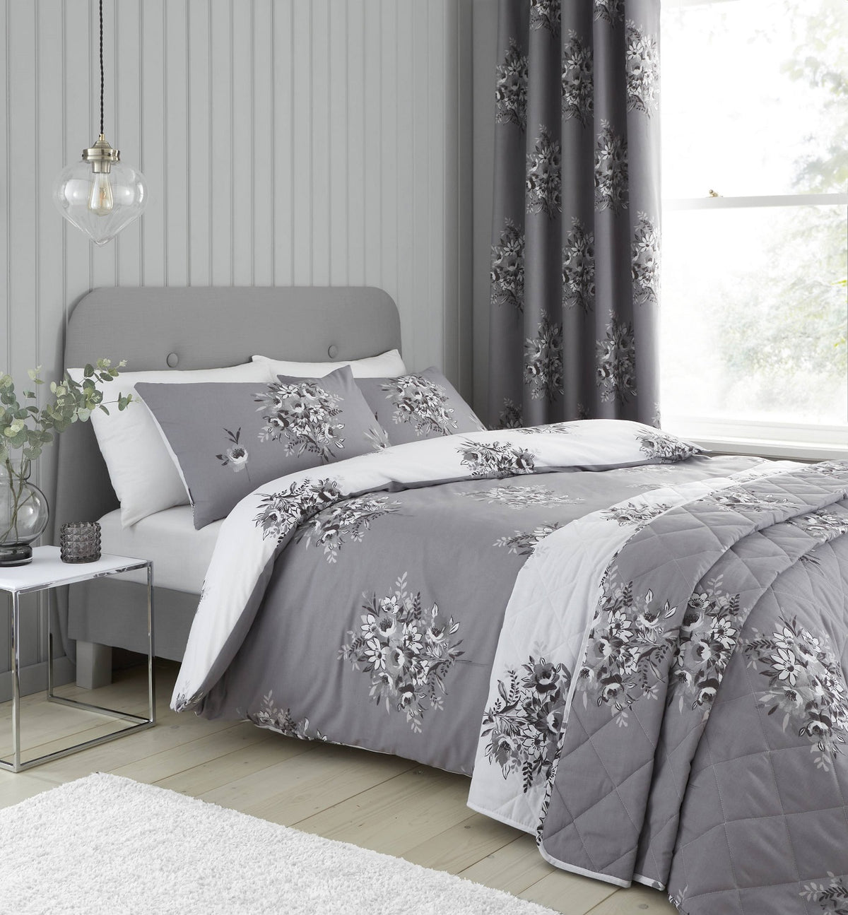 Catherine Lansfield Floral Bouquet Duvet Cover Set, Double, Grey