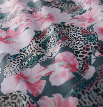 Luxury Floral Leopard Print Double Duvet Cover Set - Teal & Pink