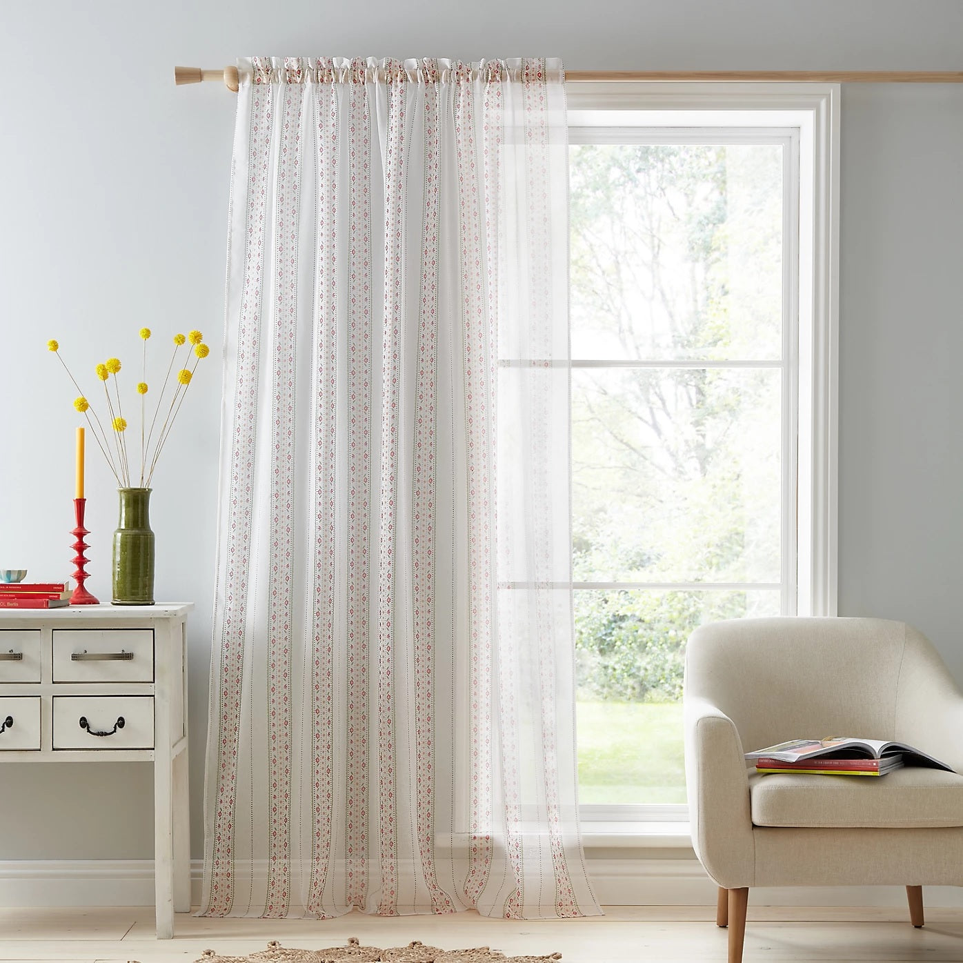 Catherine Lansfield Floral Stripe Voile Curtain Panel 90" Off White