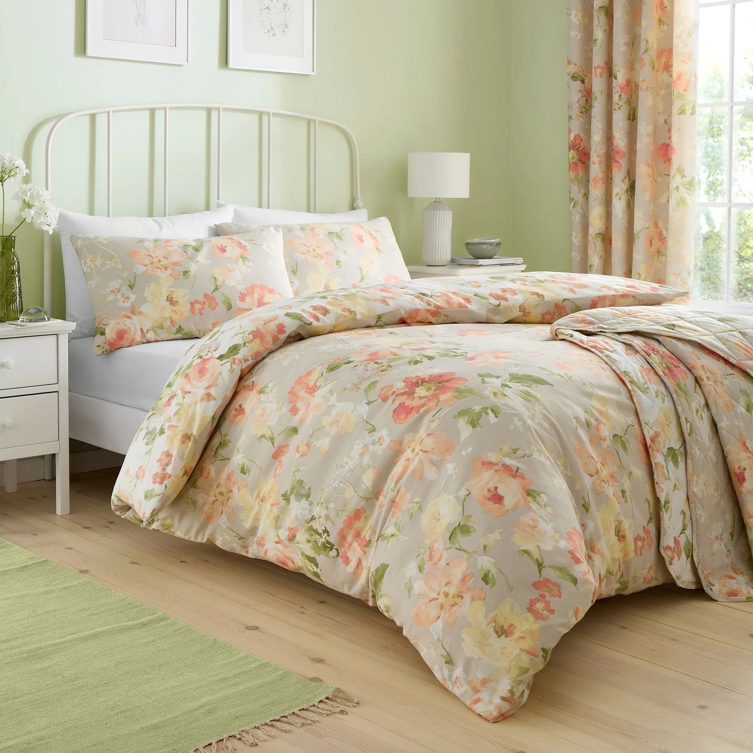 Hand Painted Coral Flowers Duvet Cover Set, Double, Natural & Peach