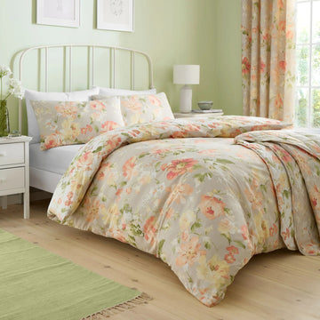 Hand Painted Coral Flowers Duvet Cover Set, King, Natural & Peach
