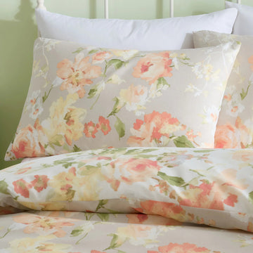 Hand Painted Coral Flowers Duvet Cover Set, King, Natural & Peach