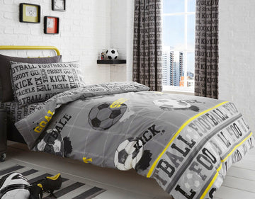 Football Shoot Reversible Single Duvet Cover Set - Silver Grey, Black & Ochre