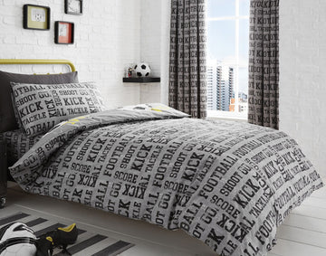 Football Shoot Reversible Single Duvet Cover Set - Silver Grey, Black & Ochre