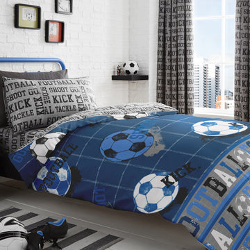 Football Shoot Reversible Double Duvet Cover Set - Blue & Silver Grey