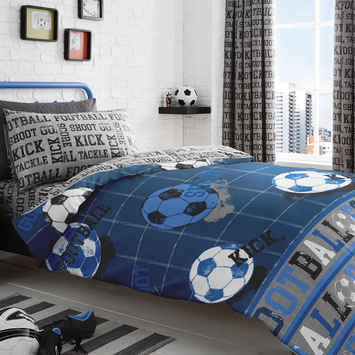 Football Shoot Reversible Double Duvet Cover Set - Blue & Silver Grey