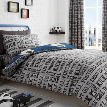 Football Shoot Reversible Single Duvet Cover Set - Blue & Silver Grey