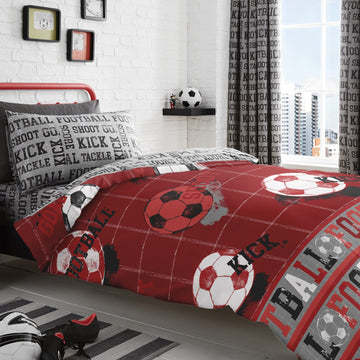 Football Shoot Reversible Double Duvet Cover Set - Red & Silver Grey