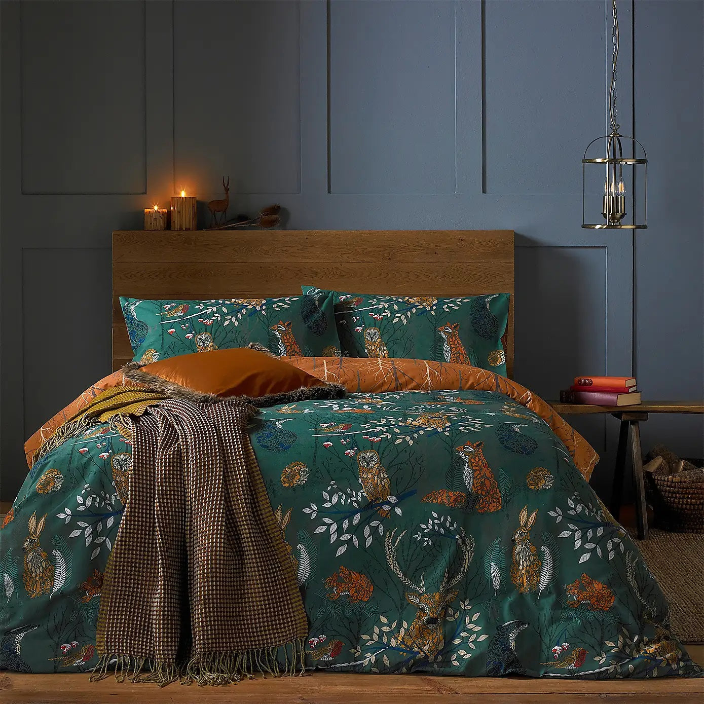 Furn Forest Fauna Woodland Duvet Cover Set, King, Emerald Green