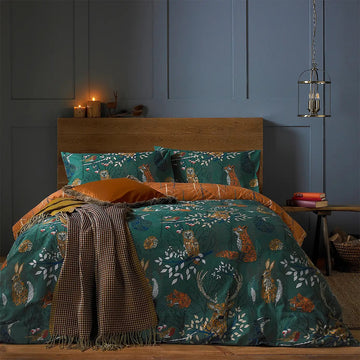 Furn Forest Fauna Woodland Duvet Cover Set, King, Emerald Green