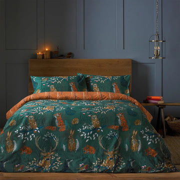 Furn Forest Fauna Woodland Duvet Cover Set, King, Emerald Green