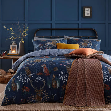 Furn Forest Fauna Woodland Duvet Cover Set, Double, Navy Blue