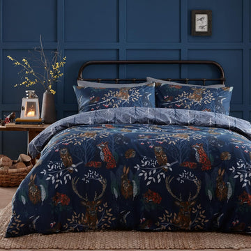 Furn Forest Fauna Woodland Duvet Cover Set, Double, Navy Blue
