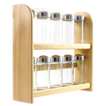 Set of Wooden Spice Rack w/ 10 Seasoning Jars