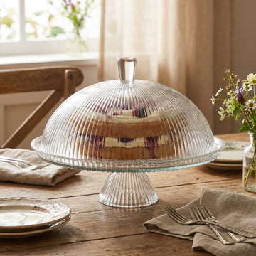 31.5cm Clear Glass Ribbed Pattern Cake Stand with Dome Lid
