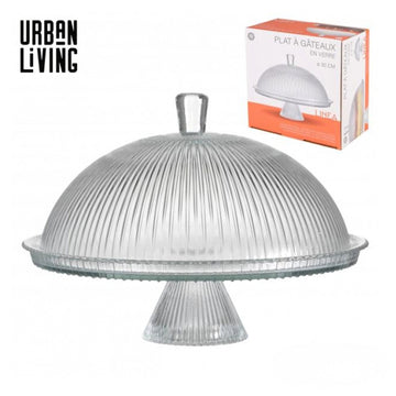 31.5cm Clear Glass Ribbed Pattern Cake Stand with Dome Lid
