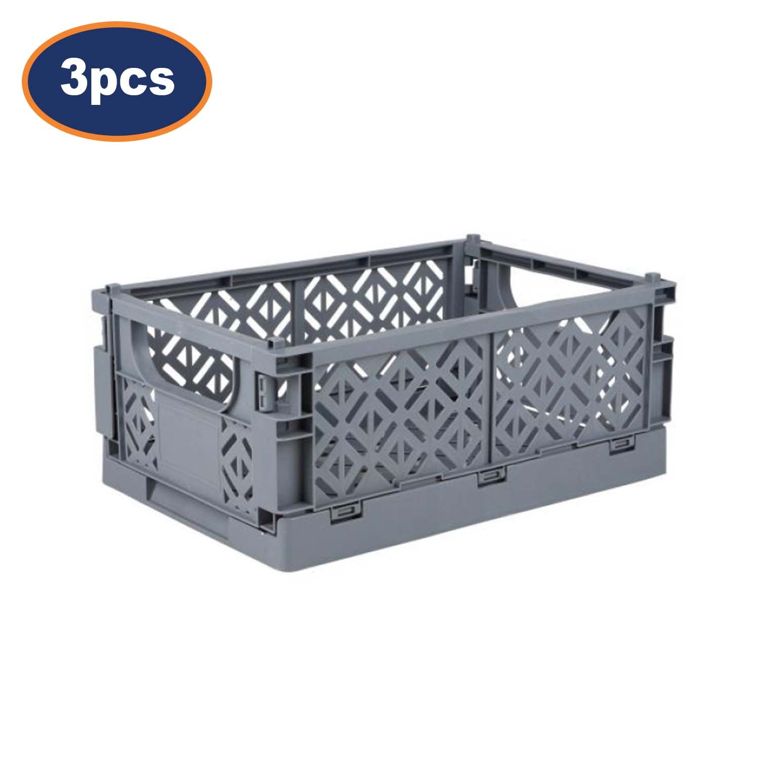3Pcs Grey Plastic Stacking Small Folding Crate