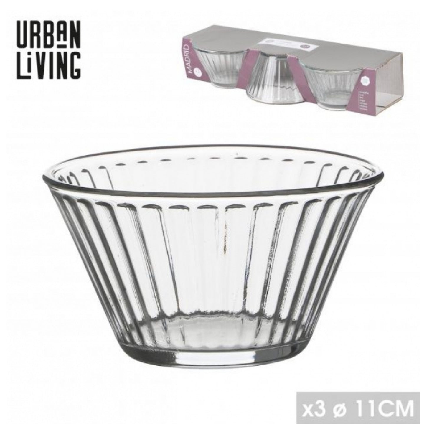 3Pcs 250ml 11cm Fluted Glass Bowls