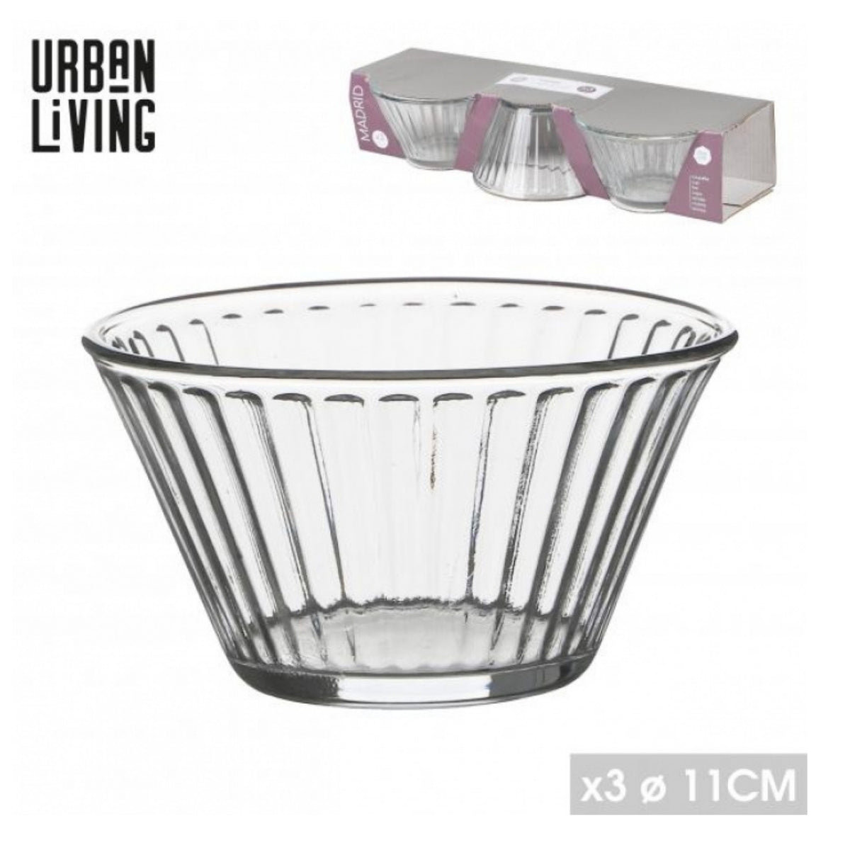 3Pcs 250ml 11cm Fluted Glass Bowls